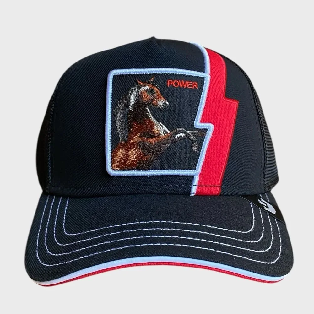 NWT GOORIN BROS. Horse Power HP The Farm Trucker Hat Cap One Size Black Red NEW